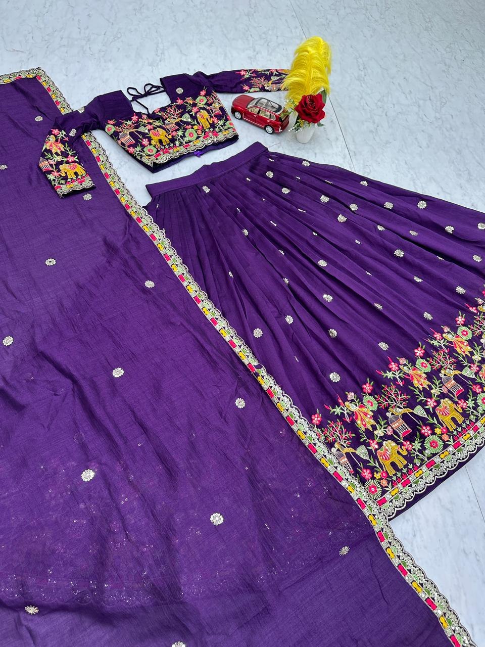 Purple Color Chinon Silk Embroidery Work Lehenga Choli For Wedding