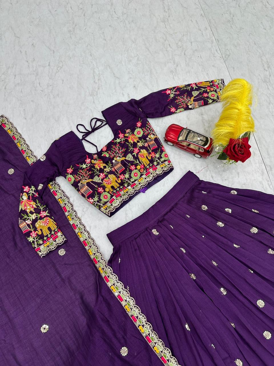 Purple Color Chinon Silk Embroidery Work Lehenga Choli For Wedding
