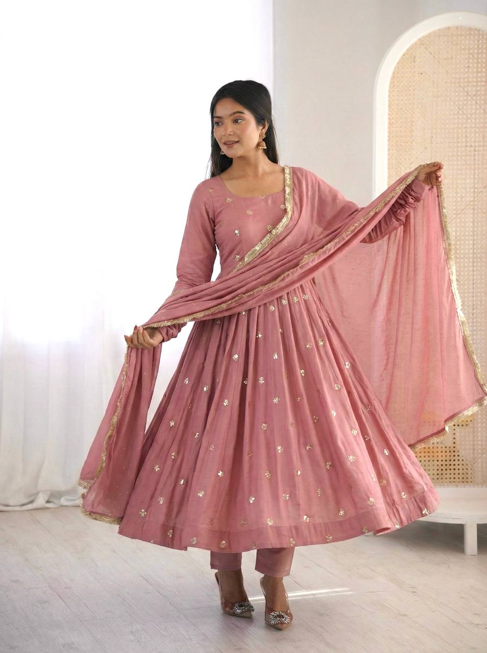 Onion Pink Color Roman Silk With Embroidery Work Anarkali Suit