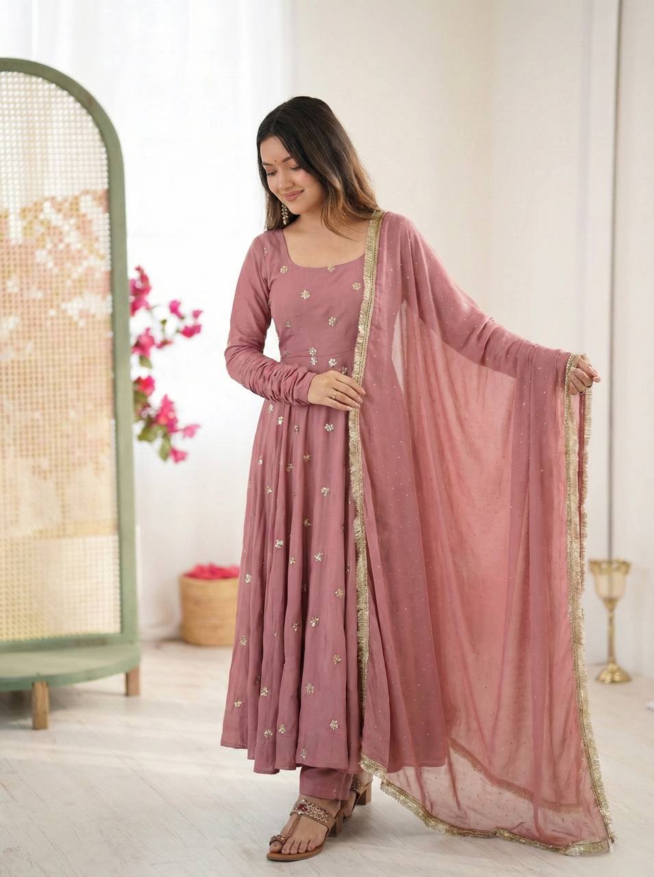 Onion Pink Color Roman Silk With Embroidery Work Anarkali Suit