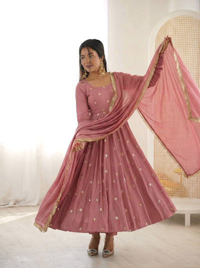Onion Pink Color Roman Silk With Embroidery Work Anarkali Suit