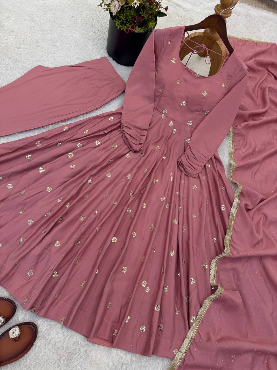 Onion Pink Color Roman Silk With Embroidery Work Anarkali Suit