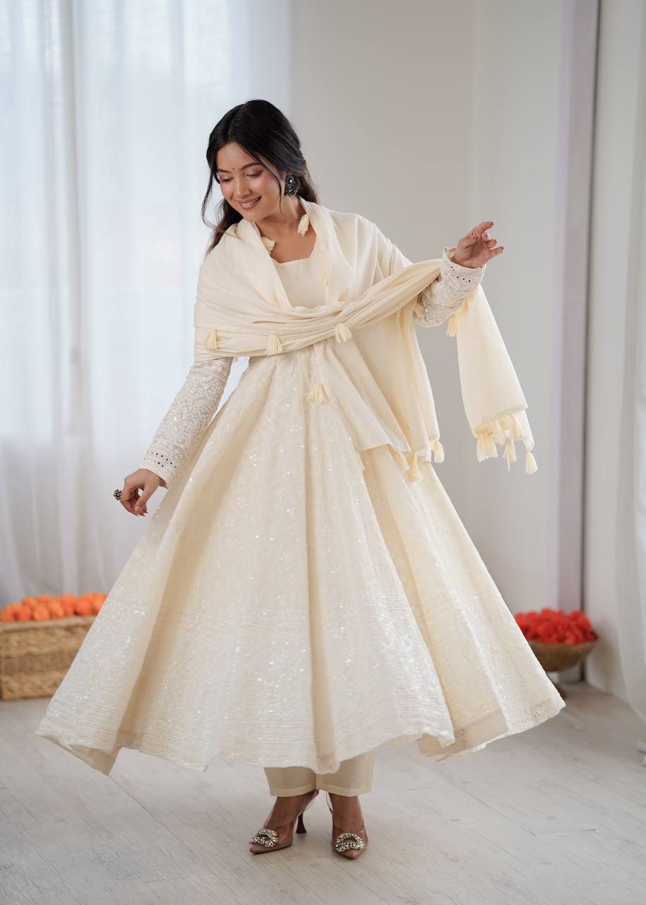 Cream Color Embroidery And Sequence Work Anarkali Suit