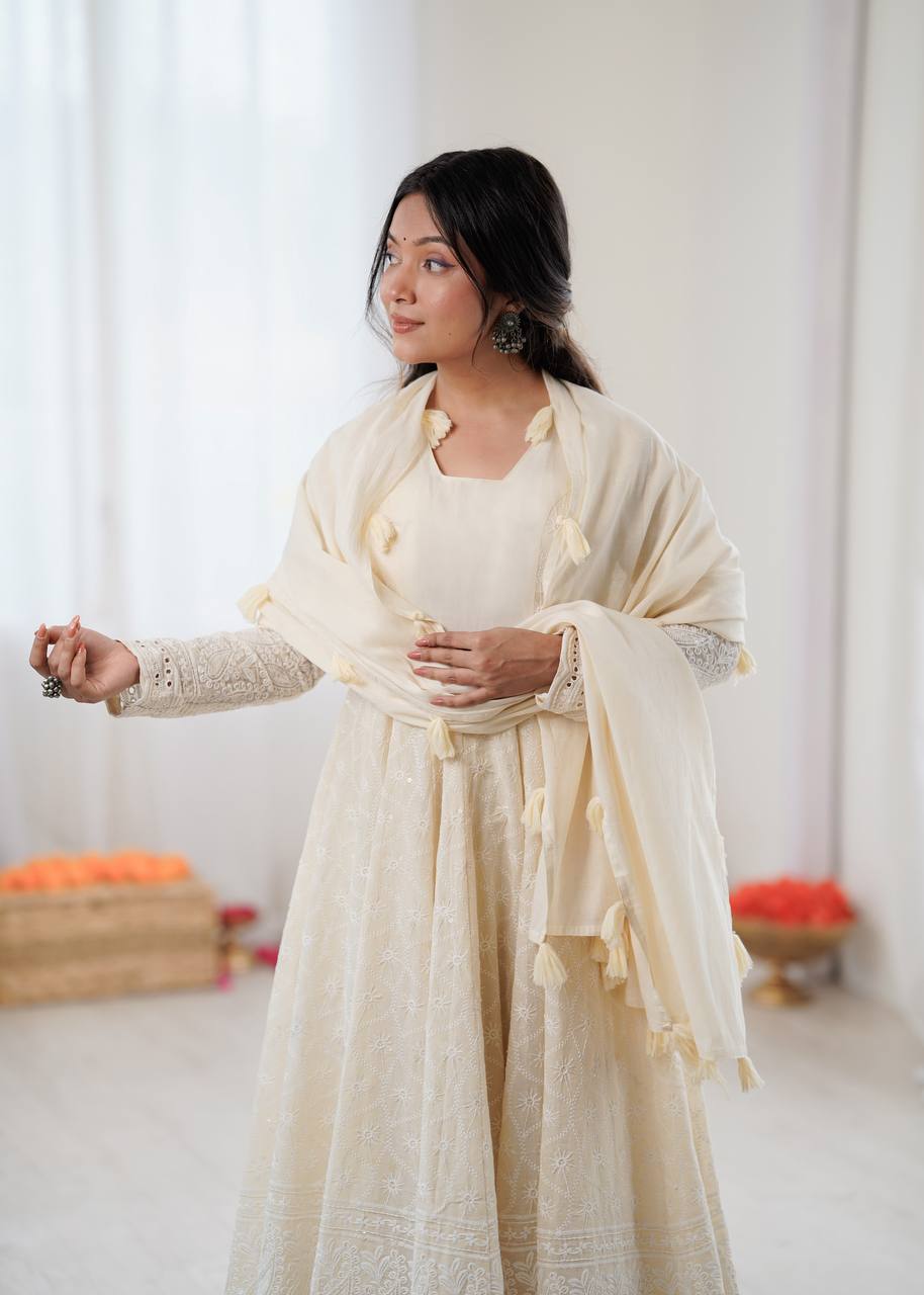 Cream Color Embroidery And Sequence Work Anarkali Suit