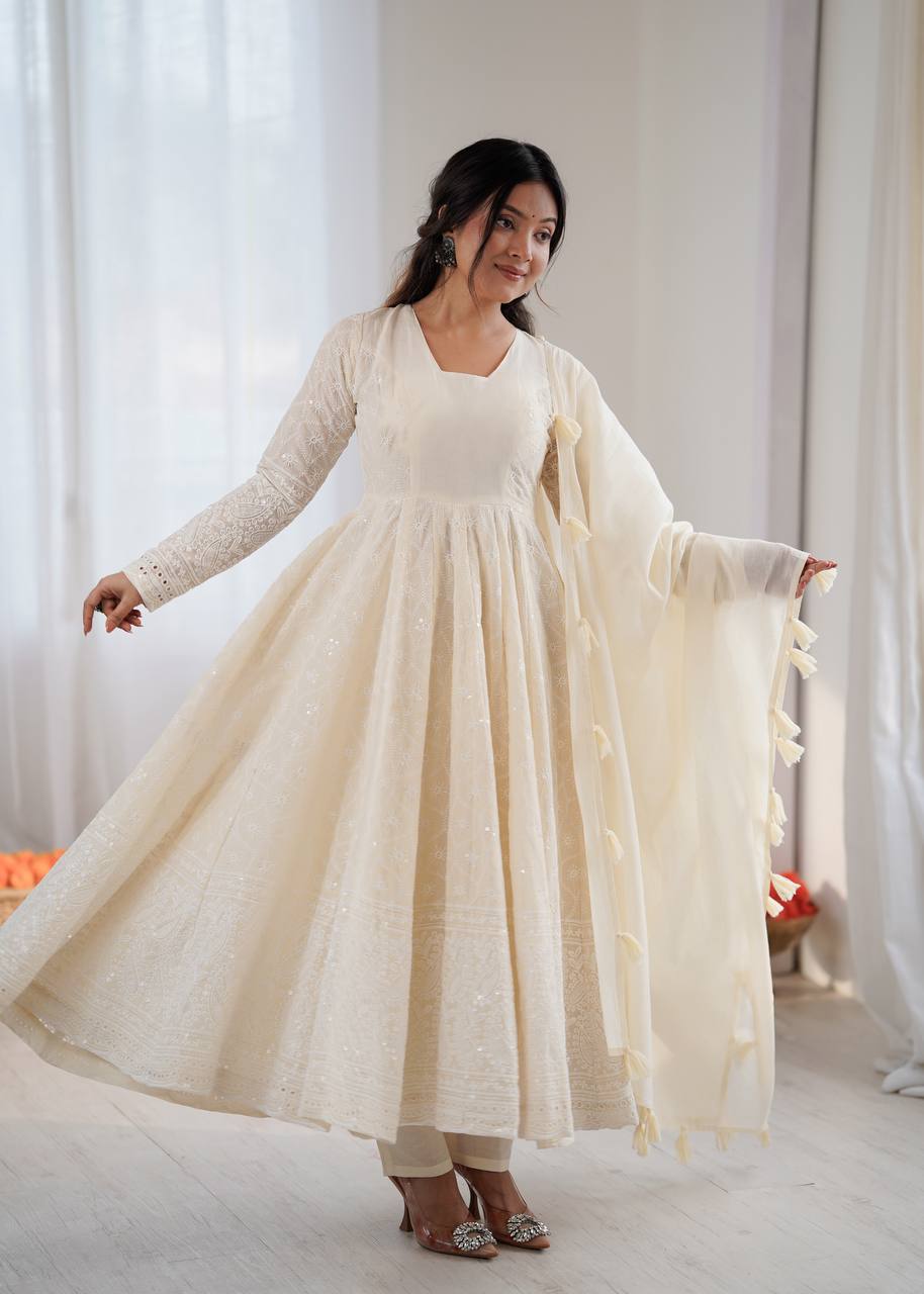 Cream Color Embroidery And Sequence Work Anarkali Suit