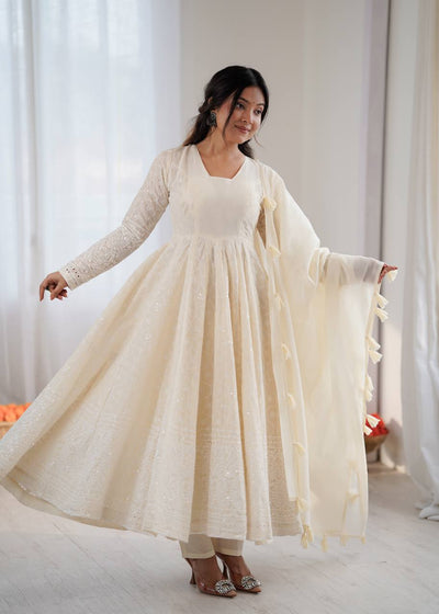 Cream Color Embroidery And Sequence Work Anarkali Suit