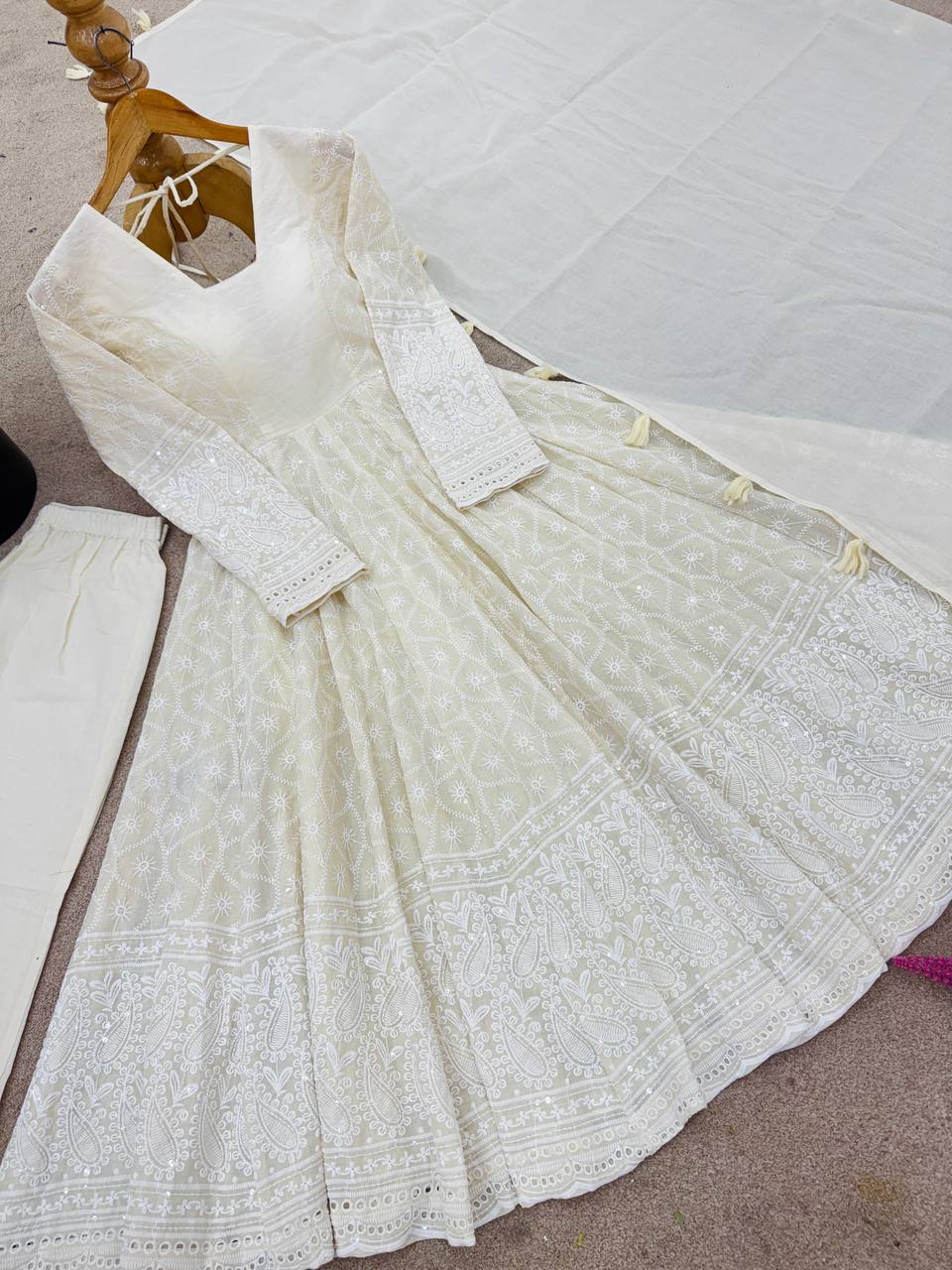 Cream Color Embroidery And Sequence Work Anarkali Suit