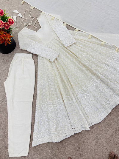 Cream Color Embroidery And Sequence Work Anarkali Suit