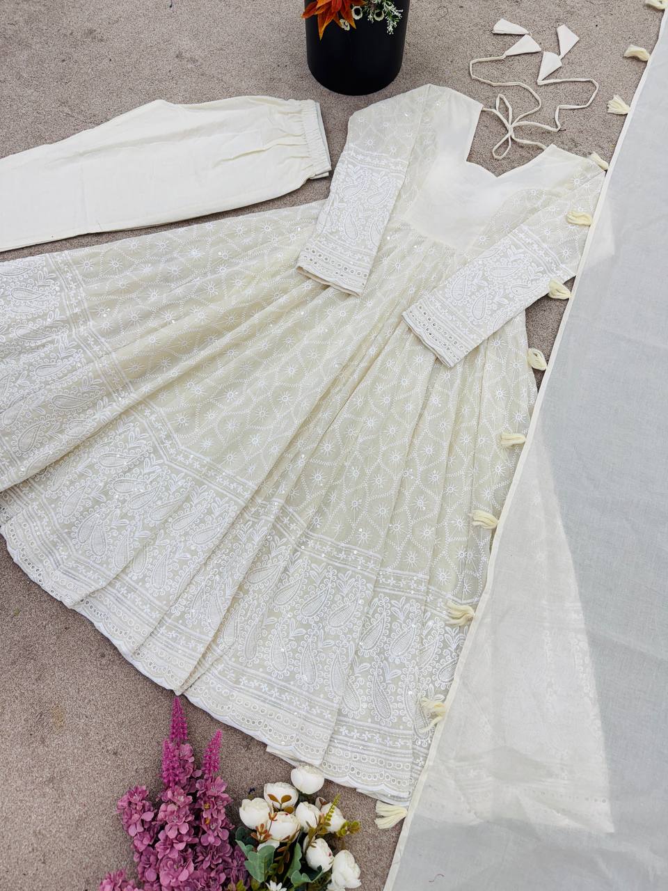 Cream Color Embroidery And Sequence Work Anarkali Suit