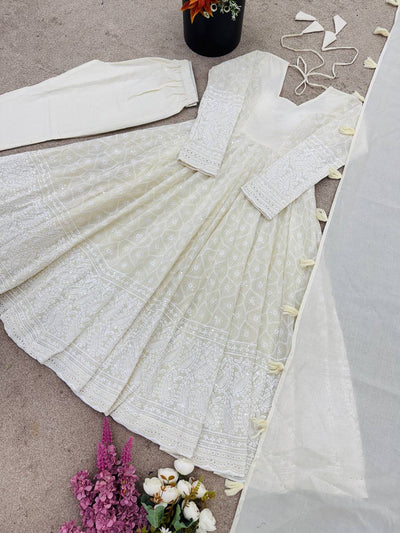 Cream Color Embroidery And Sequence Work Anarkali Suit