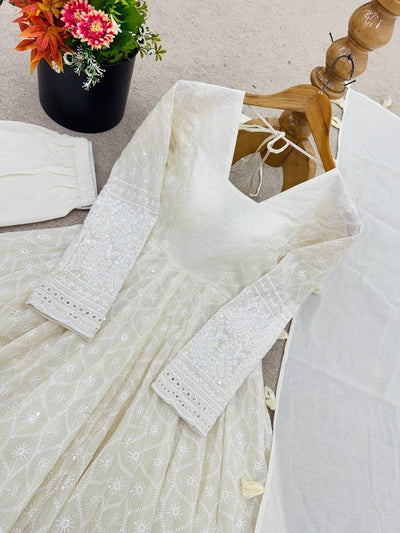 Cream Color Embroidery And Sequence Work Anarkali Suit