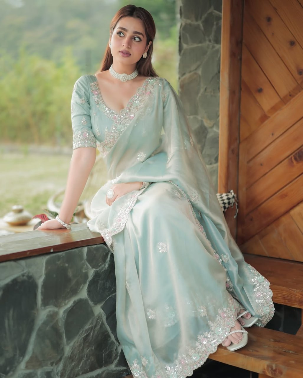 Party Wear Pista Green Color Soft Fandy Silk With Sequence Work Saree