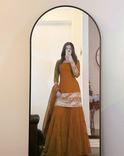 Mustard Color Faux Georgette With Sequence Work Sharara Suit