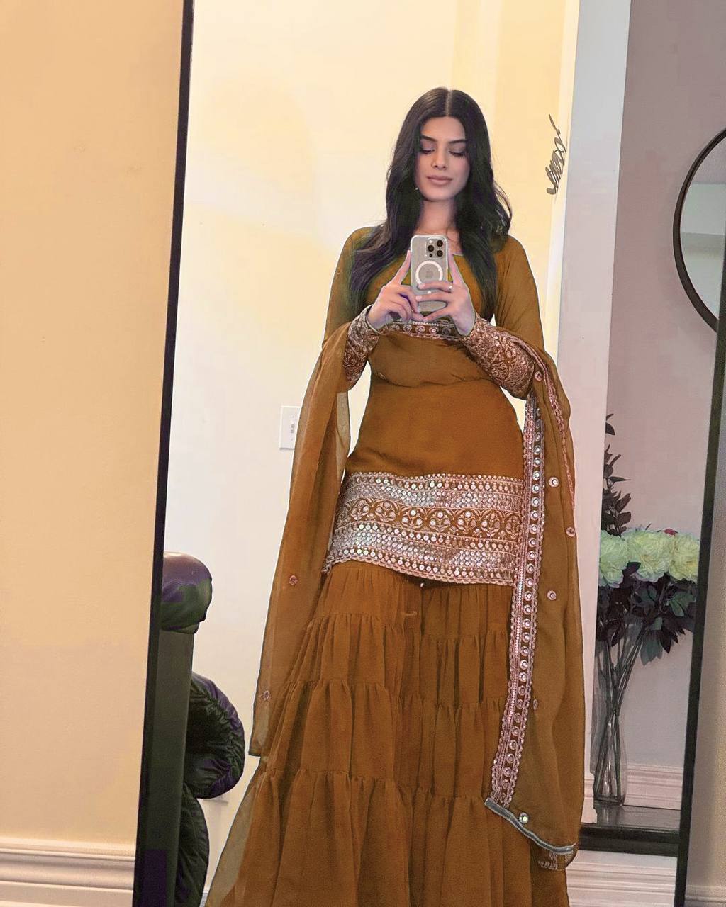 Mustard Color Faux Georgette With Sequence Work Sharara Suit