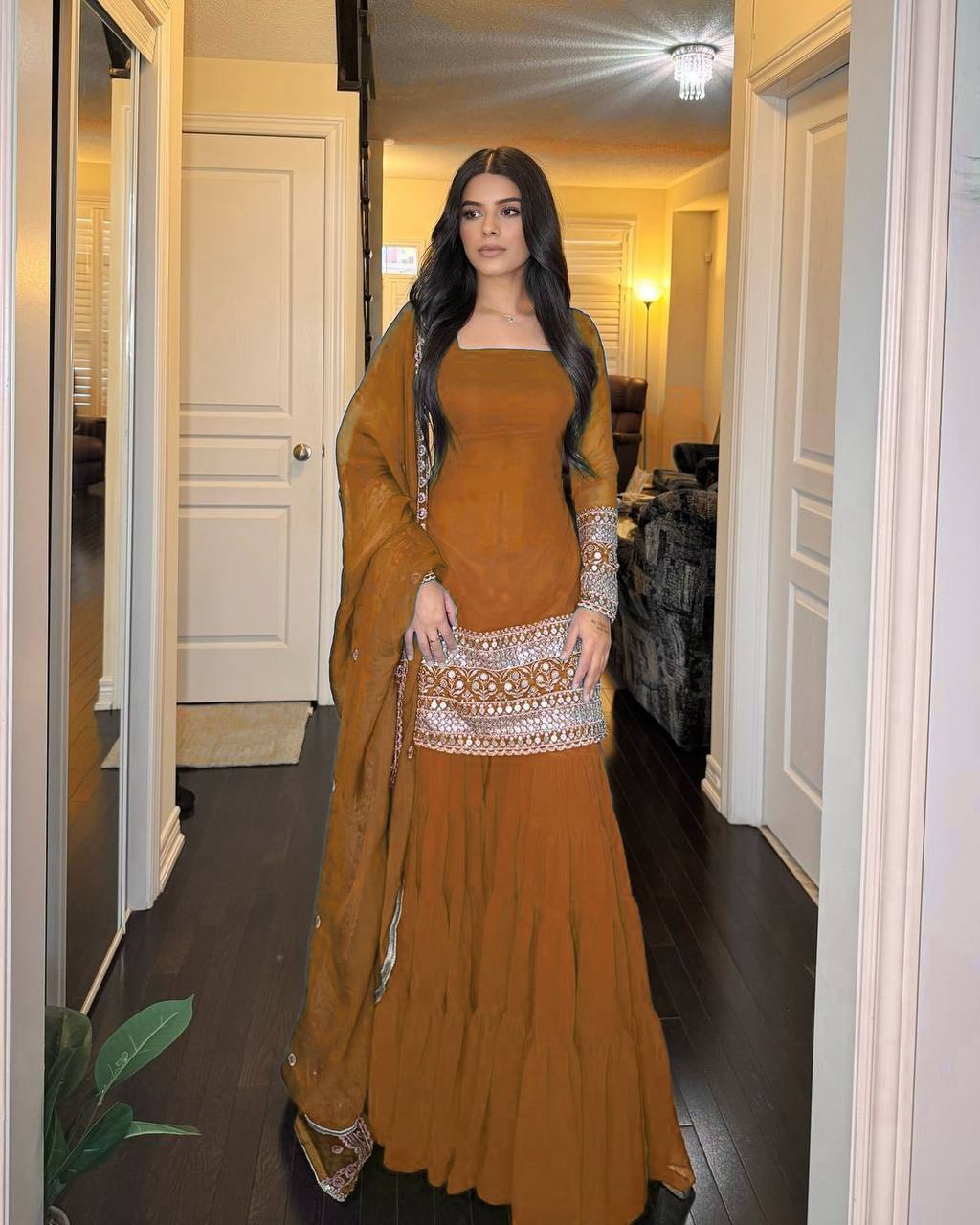 Mustard Color Faux Georgette With Sequence Work Sharara Suit