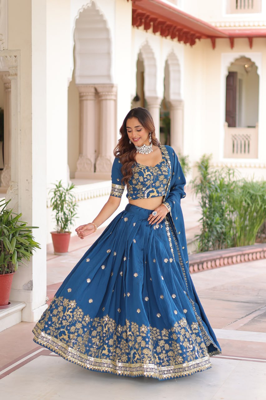 Blue Vichitra Silk Thread And Sequence Work Lehenga Choli