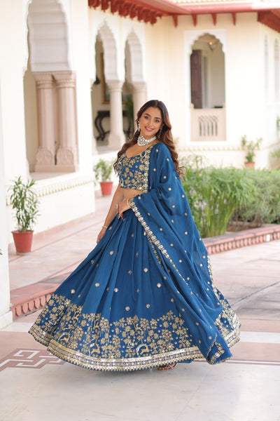 Blue Vichitra Silk Thread And Sequence Work Lehenga Choli