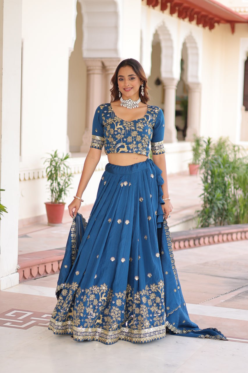 Blue Vichitra Silk Thread And Sequence Work Lehenga Choli