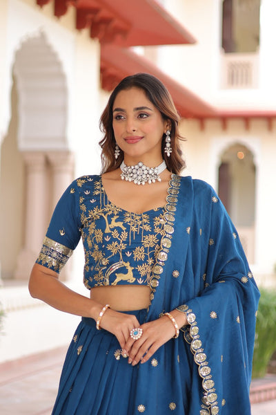 Blue Vichitra Silk Thread And Sequence Work Lehenga Choli
