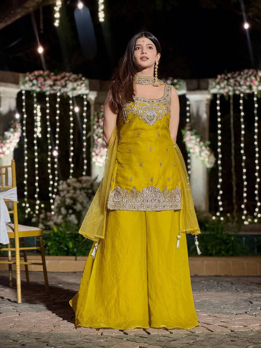 Yellow Color Haldi Function Wear Sequence Work Sharara Suit