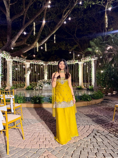 Yellow Color Haldi Function Wear Sequence Work Sharara Suit