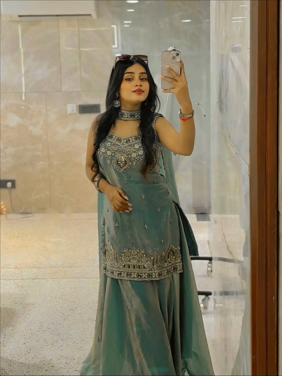 Sea Green Color Fandy Silk Wear Sharara Suit For Women