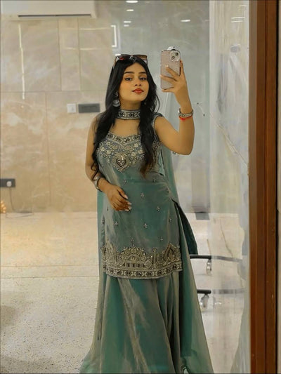 Sea Green Color Fandy Silk Wear Sharara Suit For Women
