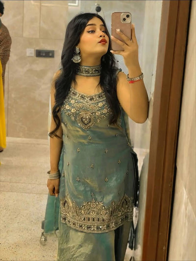 Sea Green Color Fandy Silk Wear Sharara Suit For Women