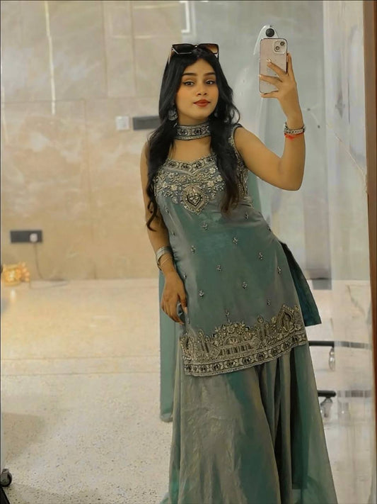 Sea Green Color Fandy Silk Wear Sharara Suit For Women