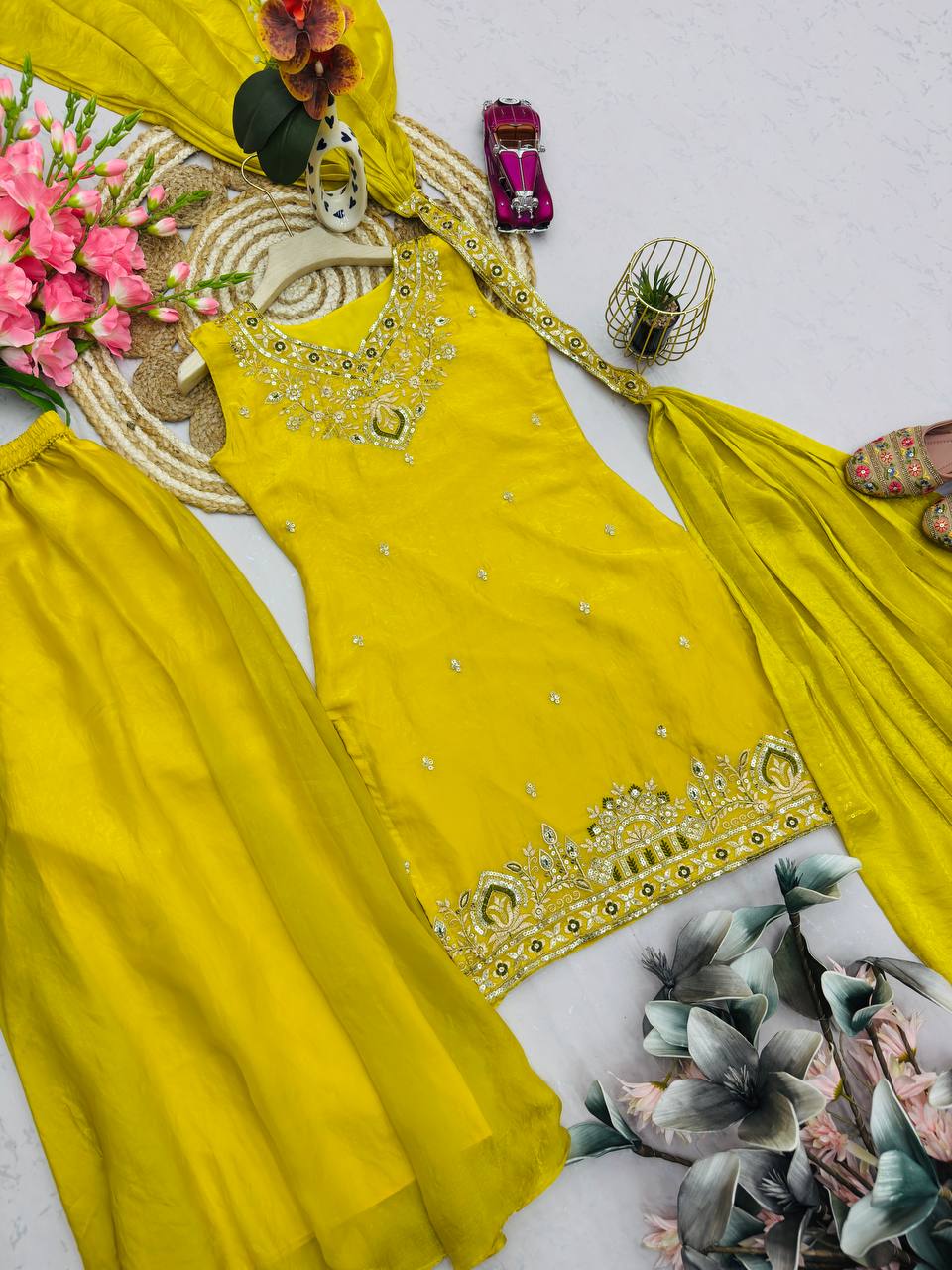 Yellow Color Haldi Function Wear Sequence Work Sharara Suit