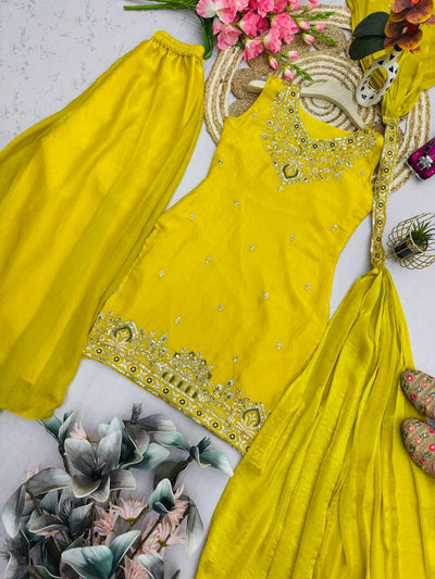 Yellow Color Haldi Function Wear Sequence Work Sharara Suit