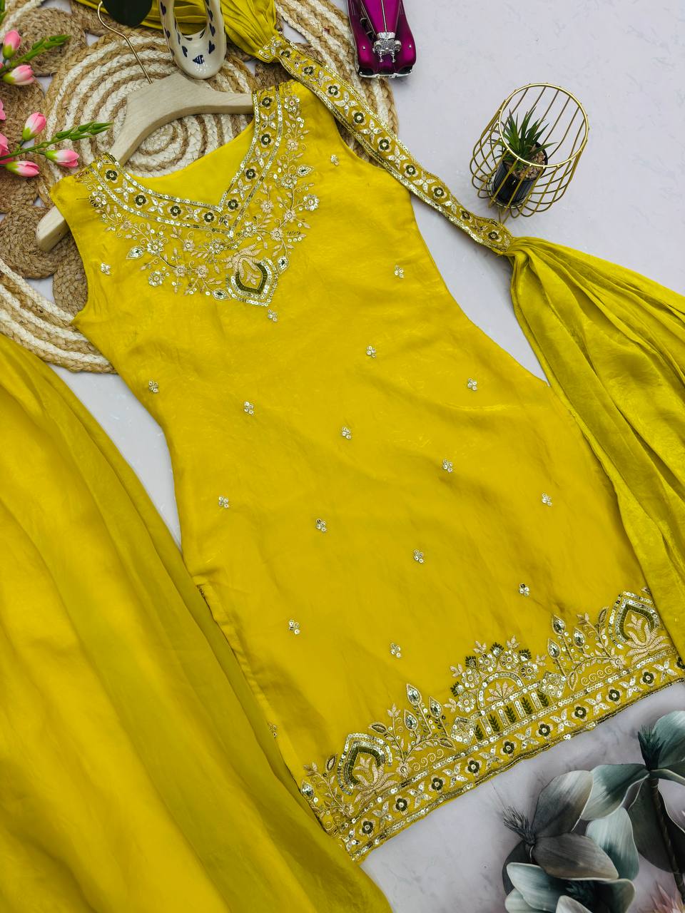 Yellow Color Haldi Function Wear Sequence Work Sharara Suit