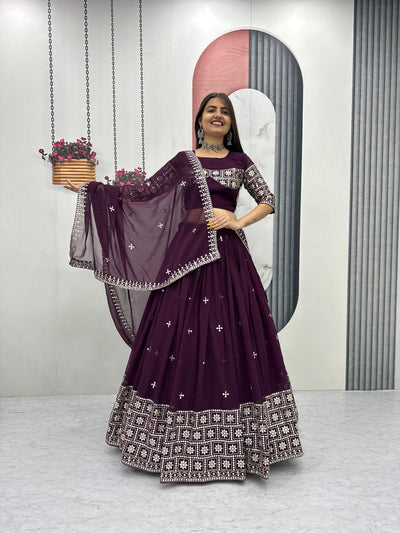 Wine Color Georgette With Embroidery Work Lehenga Choli