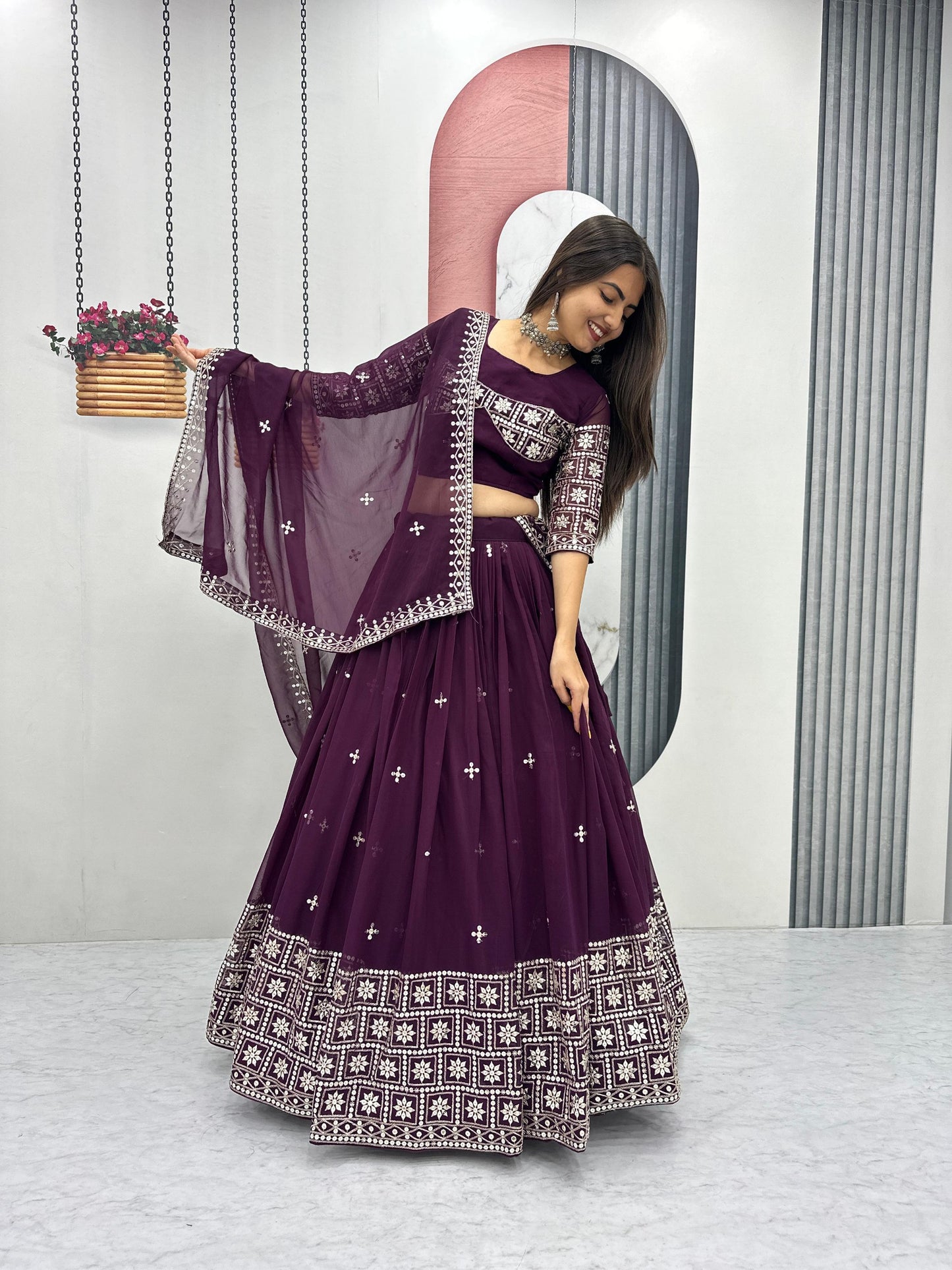 Wine Color Georgette With Embroidery Work Lehenga Choli