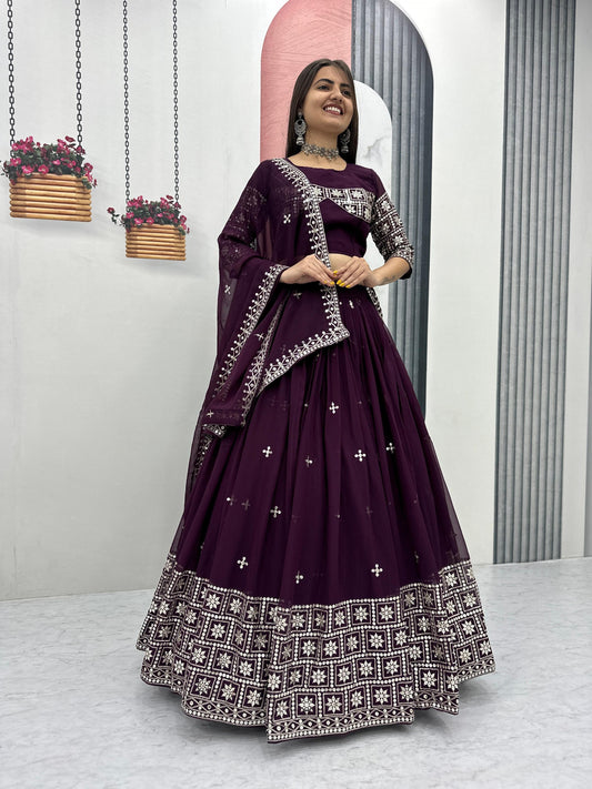 Wine Color Georgette With Embroidery Work Lehenga Choli