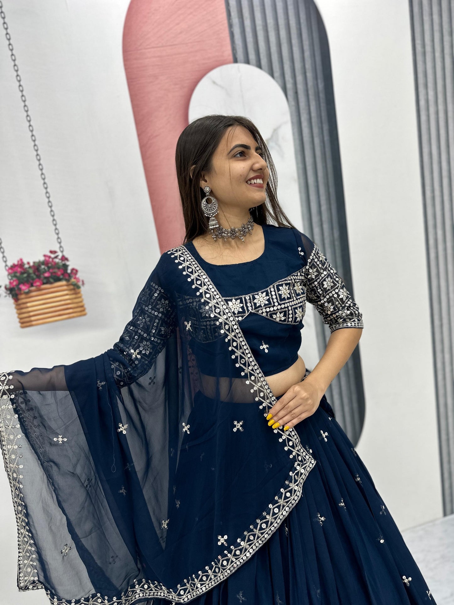 Rama Color Georgette With Embroidery Work Lehenga Choli