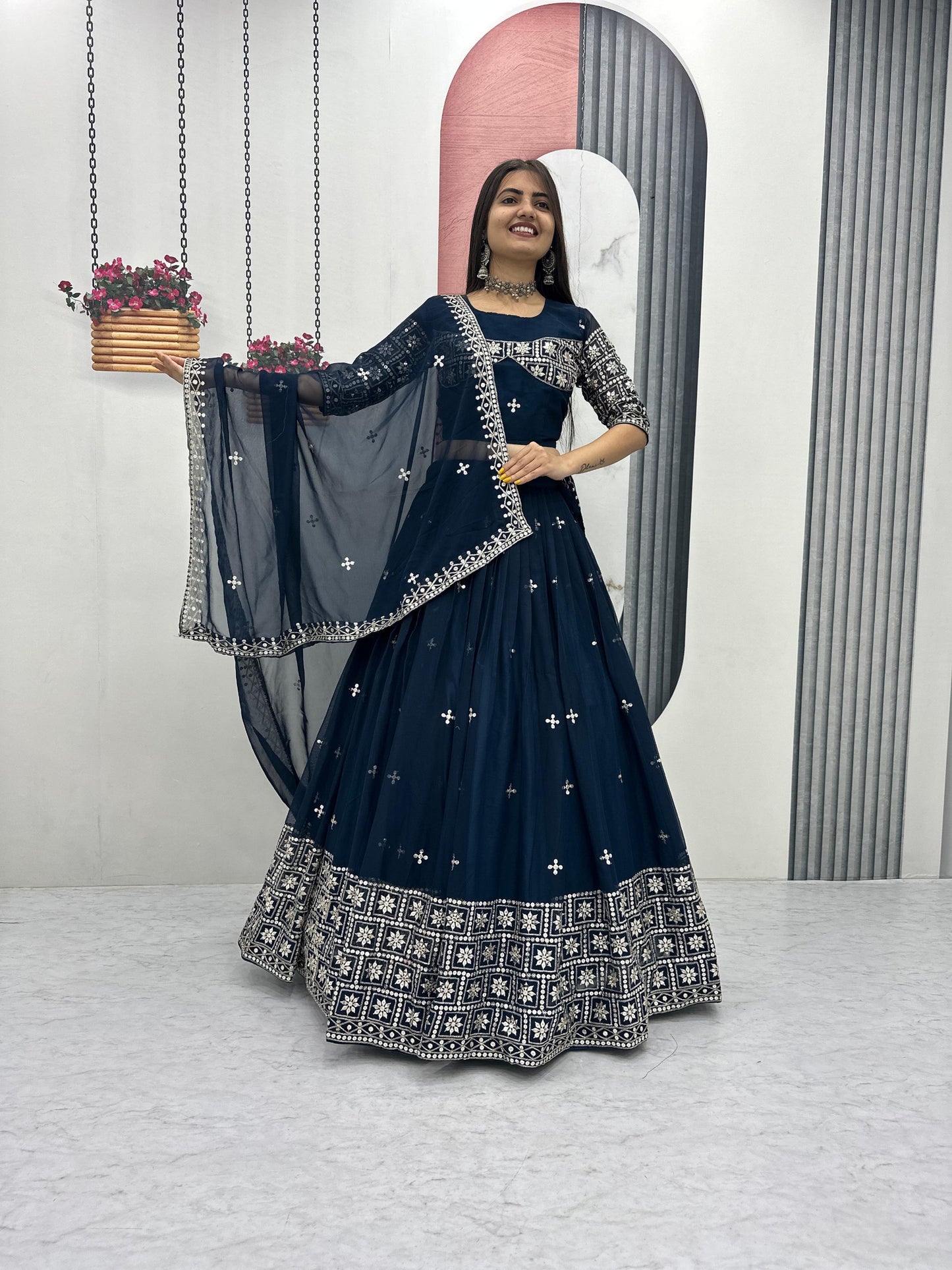 Rama Color Georgette With Embroidery Work Lehenga Choli