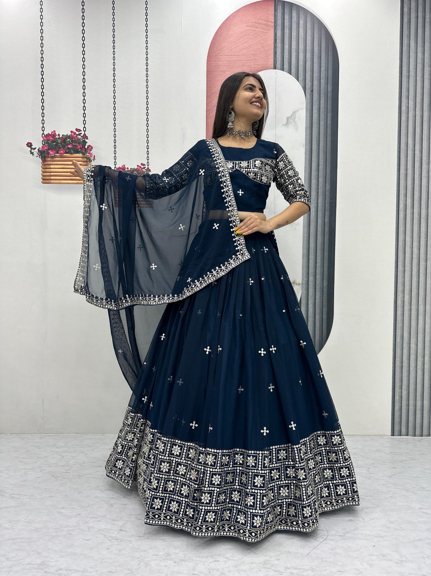 Rama Color Georgette With Embroidery Work Lehenga Choli