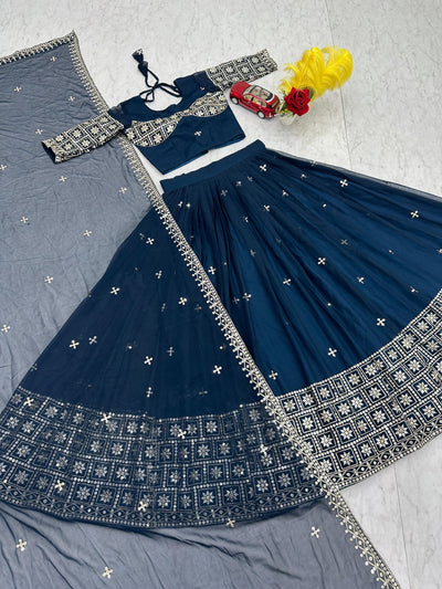 Rama Color Georgette With Embroidery Work Lehenga Choli