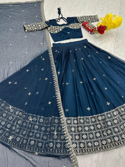 Rama Color Georgette With Embroidery Work Lehenga Choli