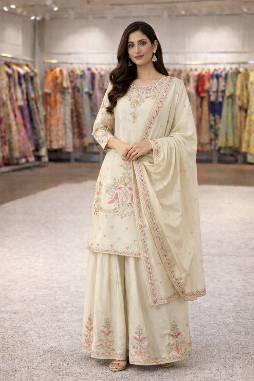Off White Color Chinon Silk Embroidery Work Sharara Suit For Wedding