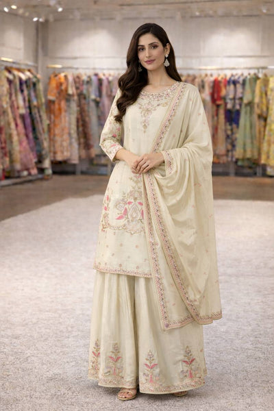Off White Color Chinon Silk Embroidery Work Sharara Suit For Wedding