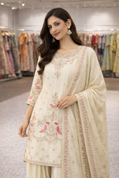 Off White Color Chinon Silk Embroidery Work Sharara Suit For Wedding