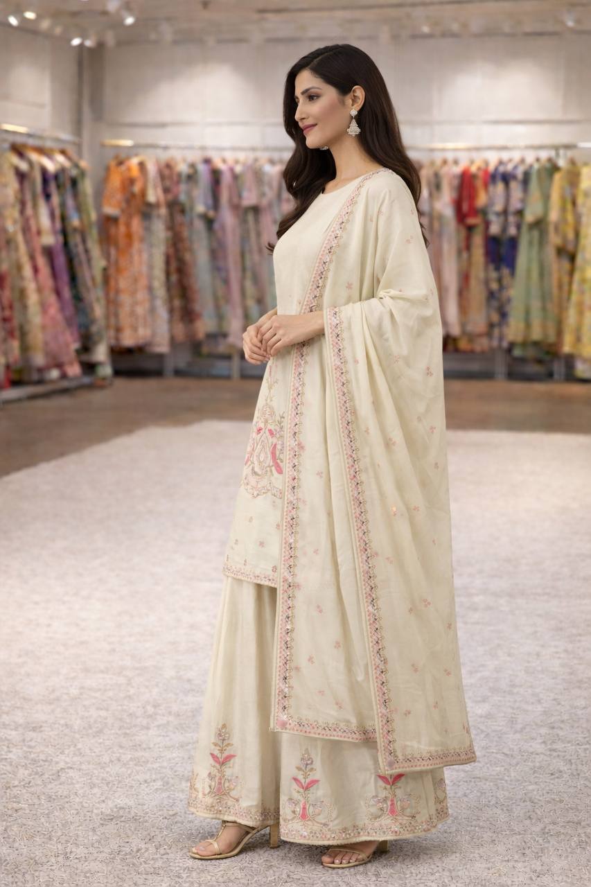 Off White Color Chinon Silk Embroidery Work Sharara Suit For Wedding