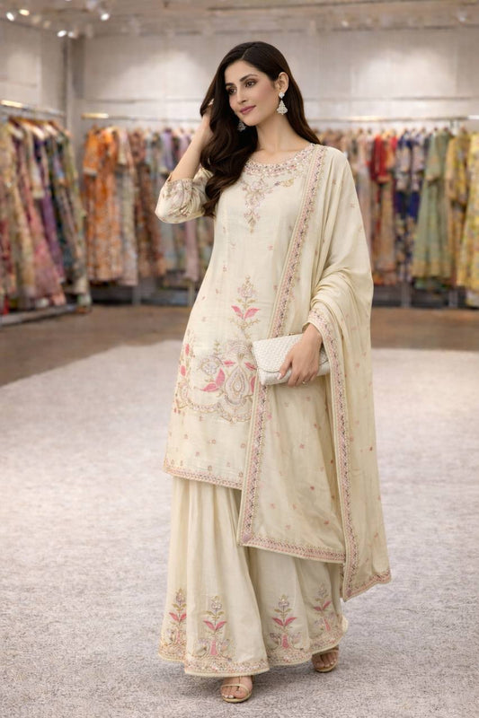 Off White Color Chinon Silk Embroidery Work Sharara Suit For Wedding