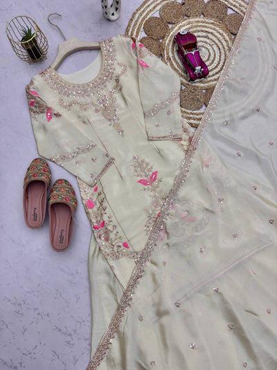 Off White Color Chinon Silk Embroidery Work Sharara Suit For Wedding