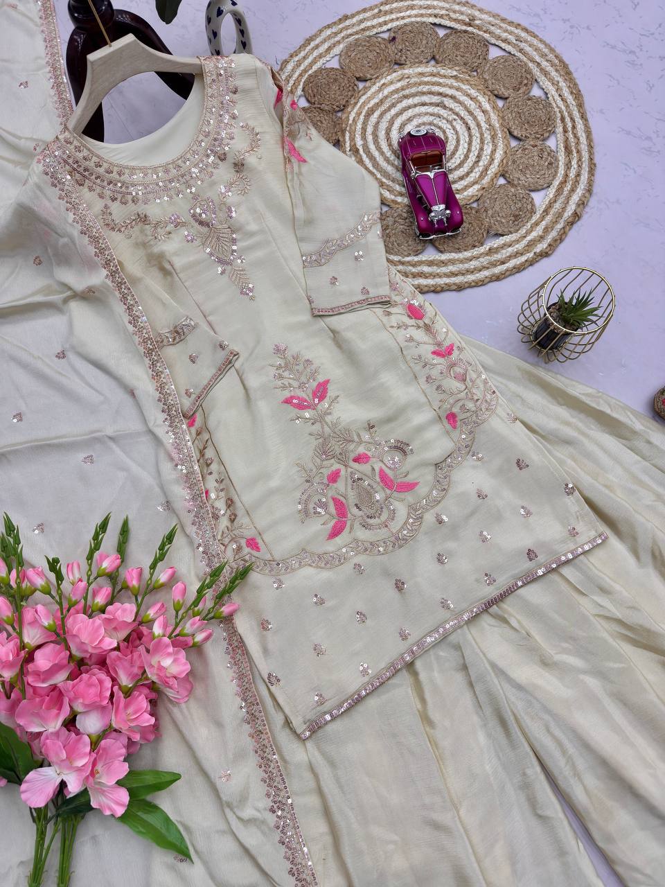 Off White Color Chinon Silk Embroidery Work Sharara Suit For Wedding