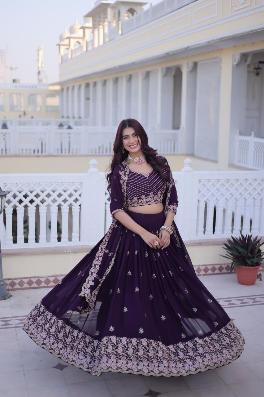 Purple Color Faux Blooming Zari And Sequence Work Lehenga Choli
