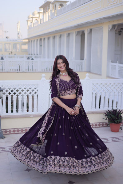 Purple Color Faux Blooming Zari And Sequence Work Lehenga Choli