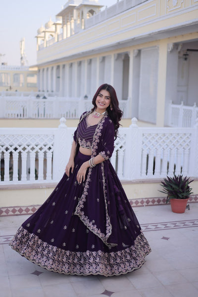 Purple Color Faux Blooming Zari And Sequence Work Lehenga Choli